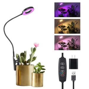 Balck Pot Clip Plant Grow Light, Red+Blue+Yellow Full Spectrum 48 LEDs Plant Lamp with 360°Gooseneck, 3/9/12H Timer & 10 Dimmable Levels and Adapter, One Head Halo Ring Plant Lamp