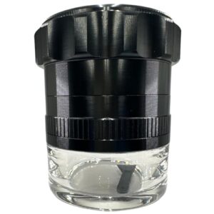 Spice Grinder. 2.5 inch herb grinder with jar attached. Jar offers a larger storage capacity. Anodized Aluminum alloy with glass bottom. (Black, 2.5 Inches x 3 Inches)
