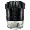 Spice Grinder. 2.5 inch herb grinder with jar attached. Jar offers a larger storage capacity. Anodized Aluminum alloy with glass bottom. (Black, 2.5 Inches x 3 Inches)