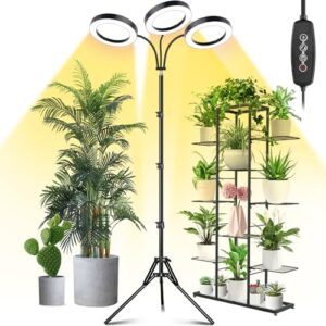LORDEM Grow Light for Indoor Plants, 7.9" Diameter Tri-Head Plant Light for Plants Growing, Full Spectrum Growth Lamp with Auto Timer 3/6/12H, 4 Dimmable Levels, 3 Lighting Modes, Adjustable Stand