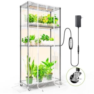 SpeePlant Indoor Greenhouse with Grow Light and Shelves - 4 Tier Plant Stand with Grow Light, Zippered PVC Cover and 3 Dimmable 1.8FT 60W Grow Lights with Timer, 30""(L) X 14""(W) X 59""(H), Black
