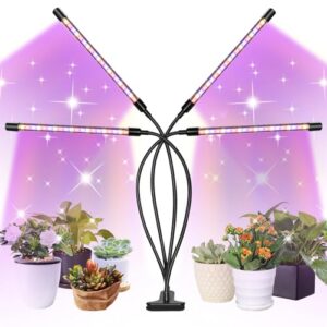 LED Grow Lights, 4 Heads Red Blue White Full Spectrum Plants Lights with Clamp for Indoor Plants & Seed Starting, 10-Level Dimmable, Auto On Off, Timing 4 9 12Hrs